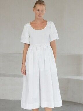 Mod Ref White Linen Blend Midi Dress Scoop Neck Cottagecore Prairie Milkmaid